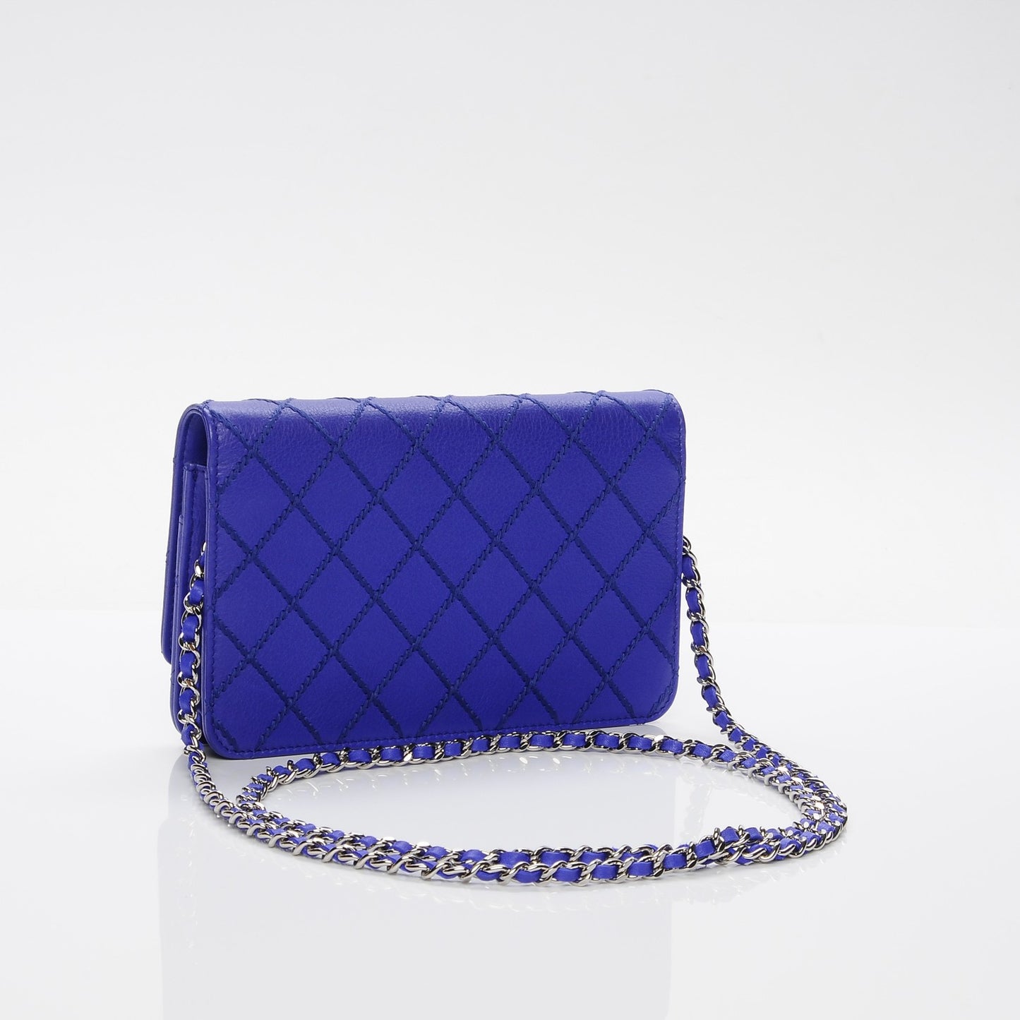 Calfskin Quilted Fancy CC Wallet On Chain WOC Blue