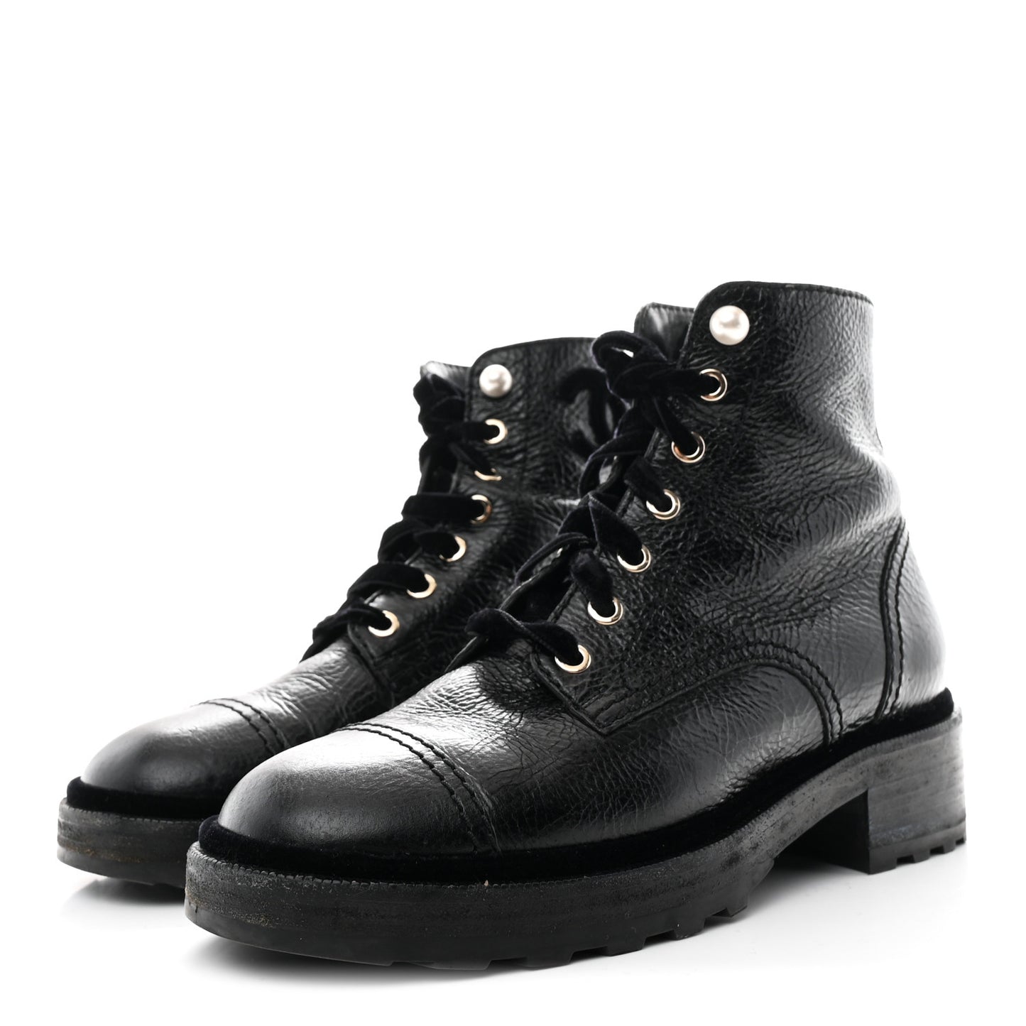 Shiny Calfskin Velvet Pearl Combat Short Boots 39 Black