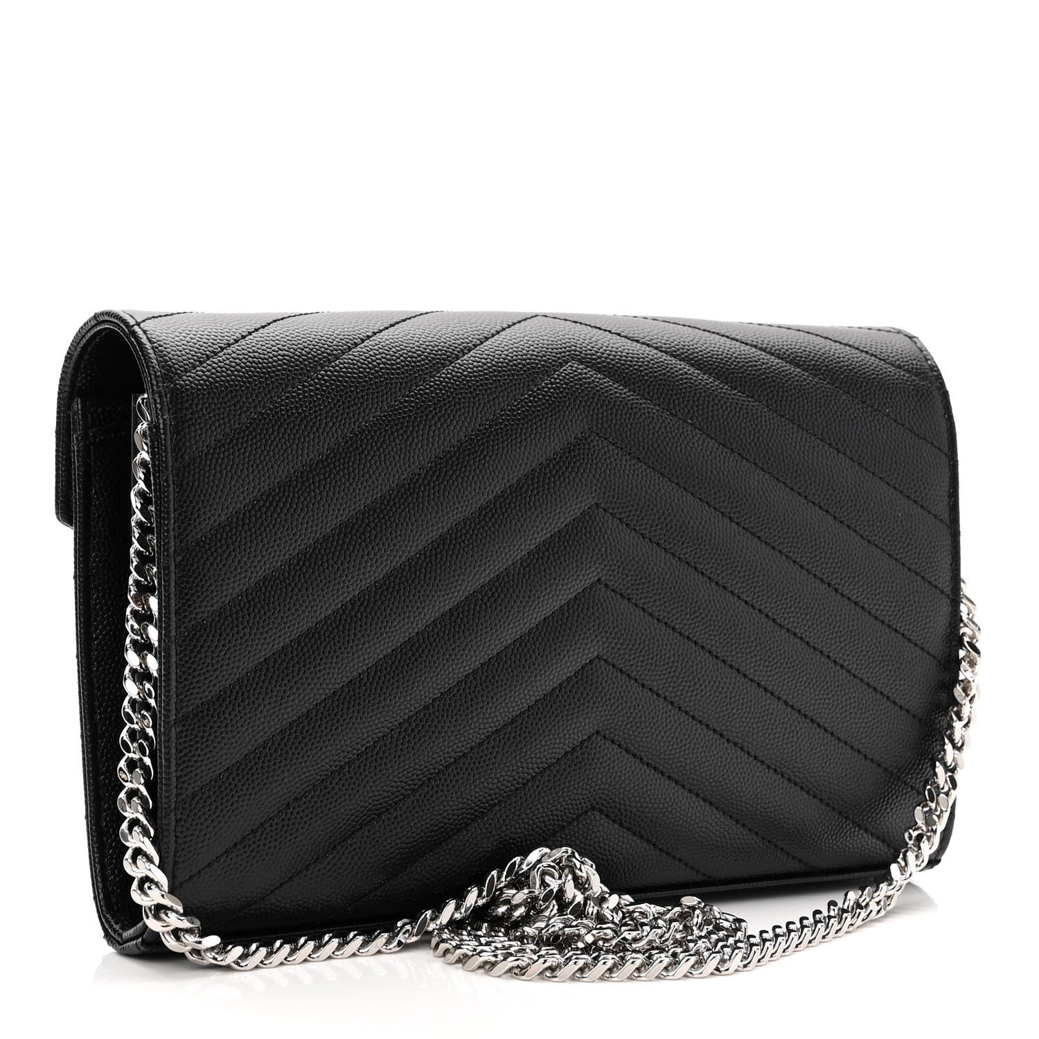 Saint Laurent Grain De Poudre Matelasse Chevron Monogram Chain Wallet Black 3 of 9