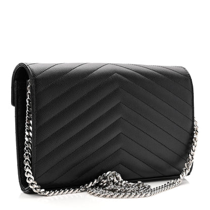 Saint Laurent Grain De Poudre Matelasse Chevron Monogram Chain Wallet Black 3 of 9