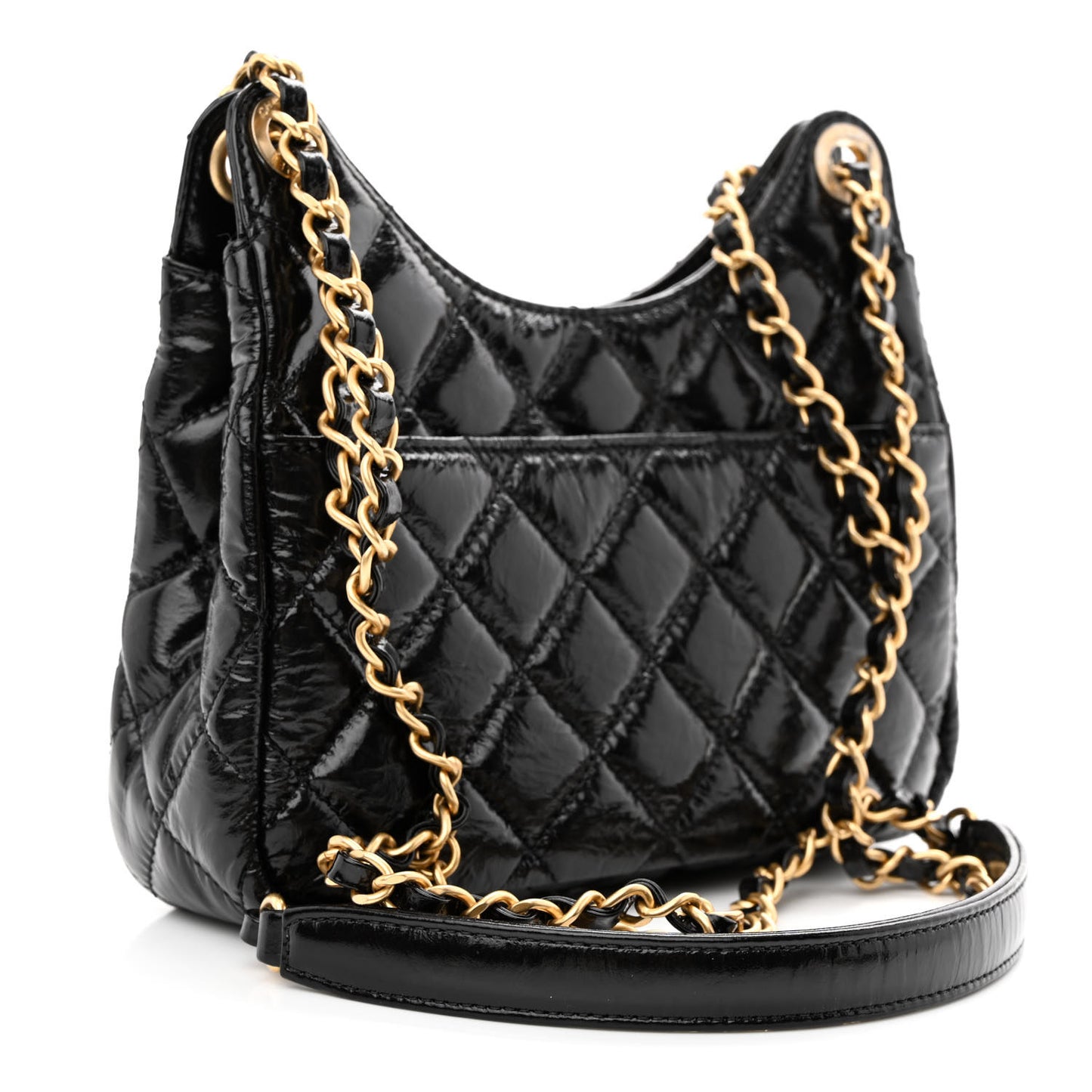 Shiny Crumpled Calfskin Quilted Small Wavy CC Hobo Black