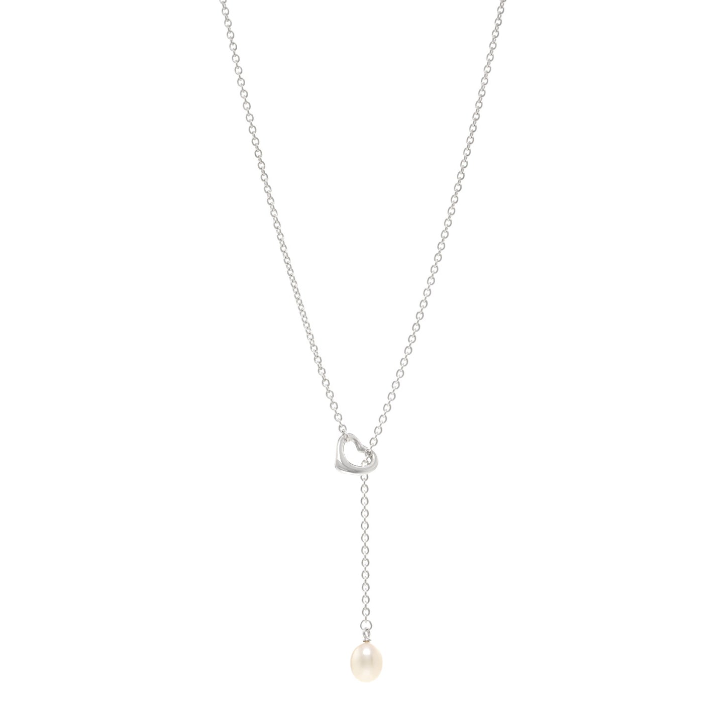 Sterling Silver Pearl 7.5-8mm Elsa Peretti Open Heart Lariat Necklace