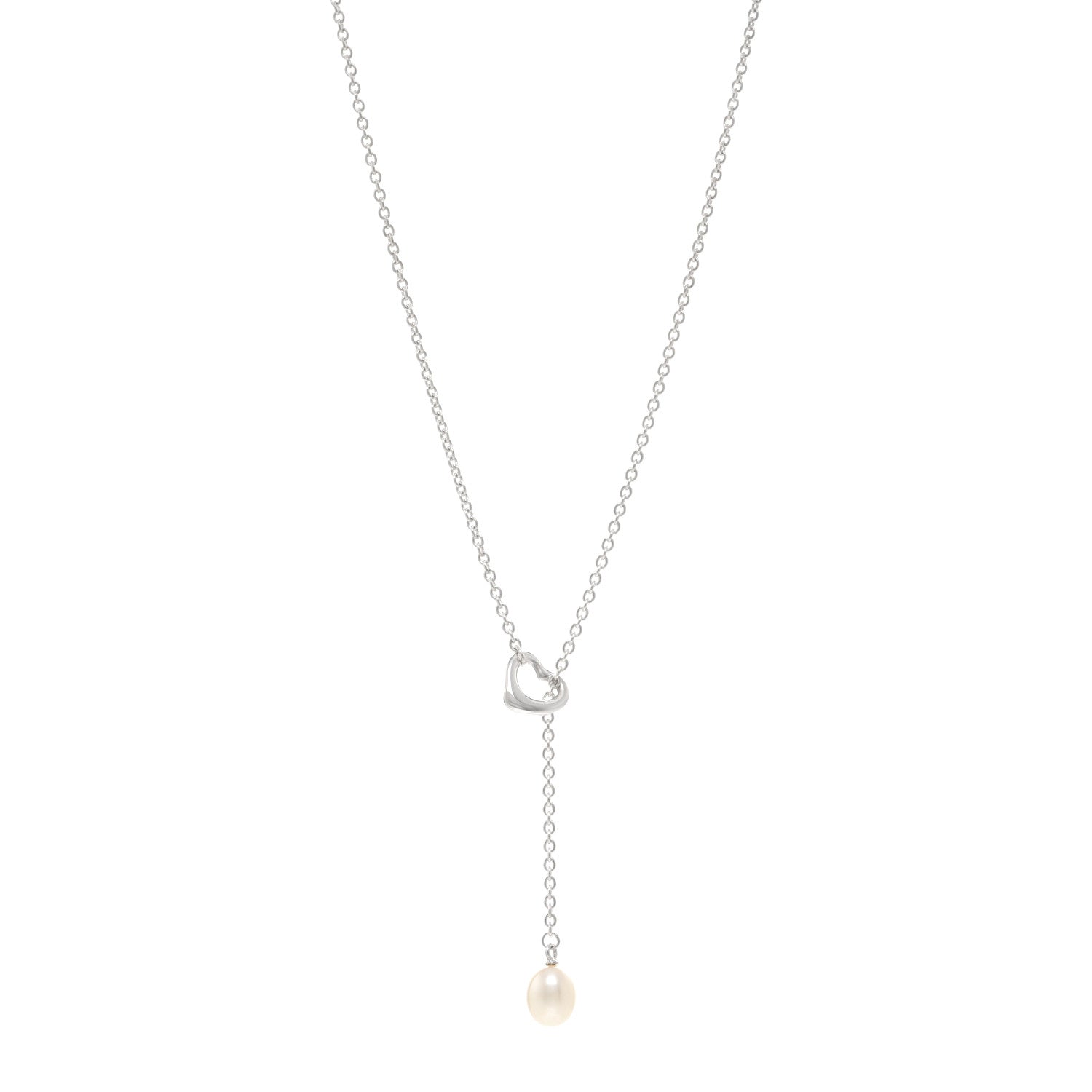 Tiffany Sterling Silver Pearl 7.5-8mm Elsa Peretti Open Heart Lariat Necklace 1 of 4