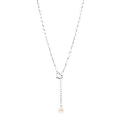 Tiffany Sterling Silver Pearl 7.5-8mm Elsa Peretti Open Heart Lariat Necklace 1 of 4