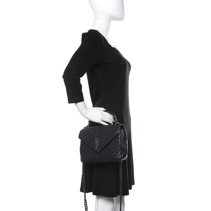Saint Laurent Sheepskin Matelasse Chevron Monogram Medium College Bag Deep Marine 3 of 13