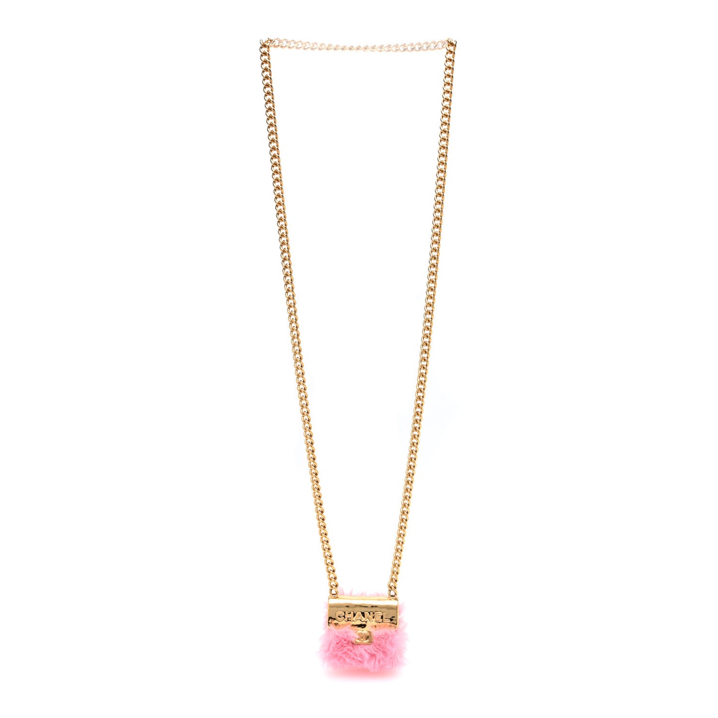 Metal Fur Flap Bag Long Necklace Gold Pink
