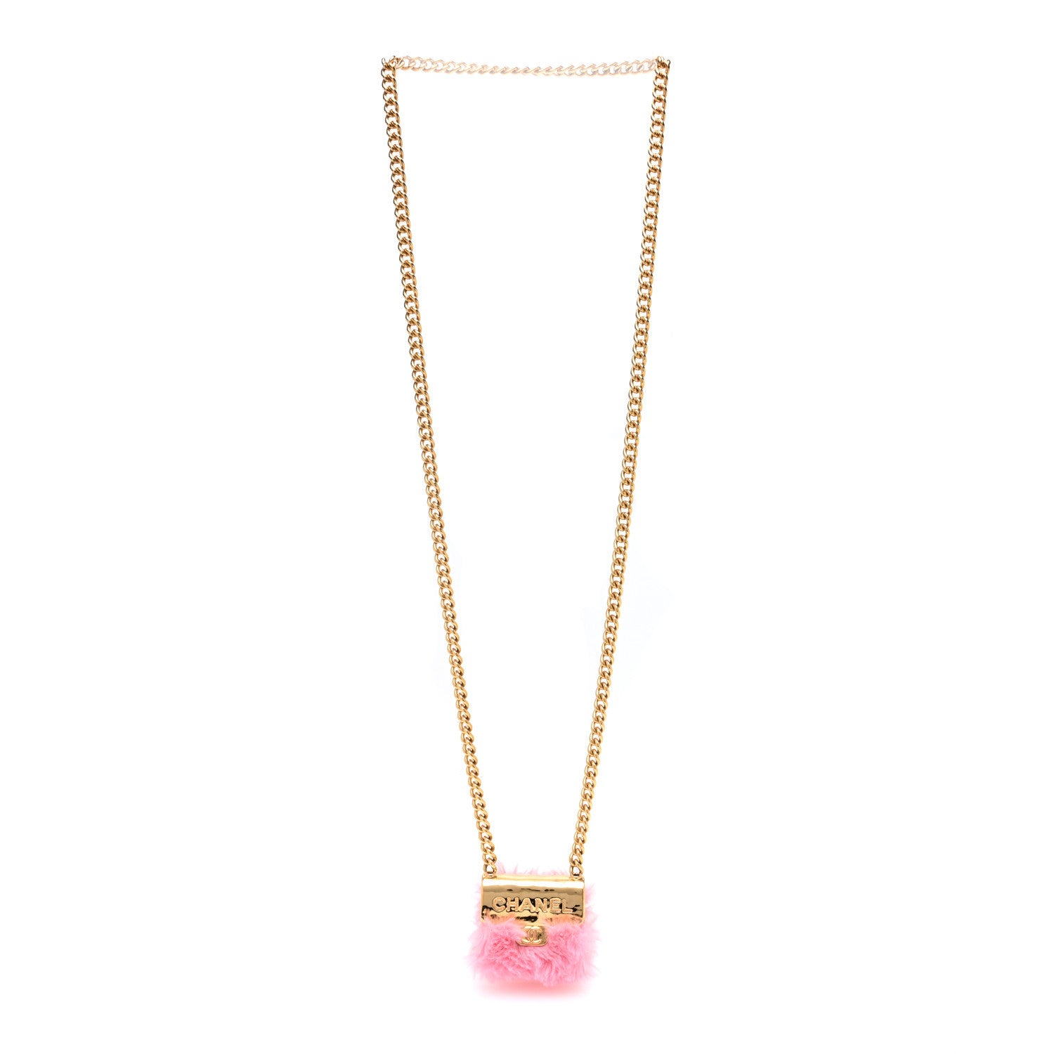 Chanel Metal Fur Flap Bag Long Necklace Gold Pink 3 of 6