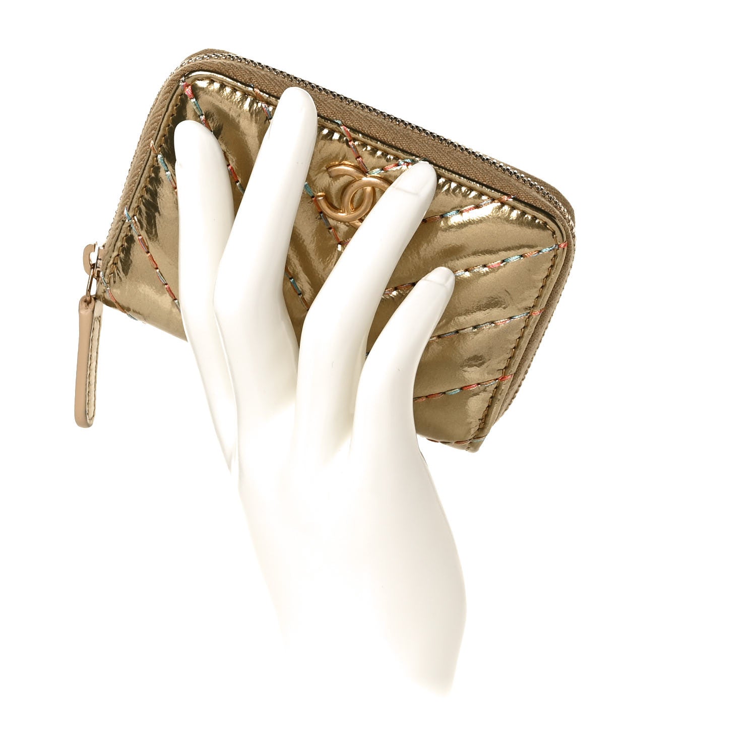 Chanel Metallic Aged Calfskin Chevron Quilted Multicolor Stitch Zip Around Coin Purse Gold 2 of 10