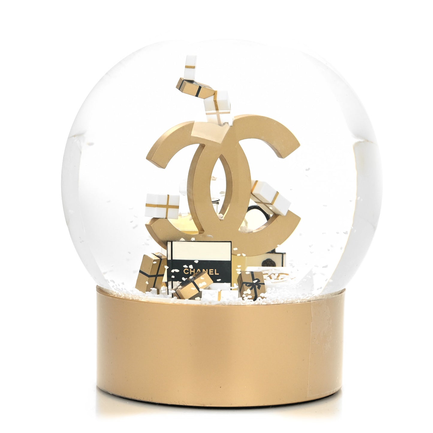 Glass CC Shopping Bag Snow Globe Gold