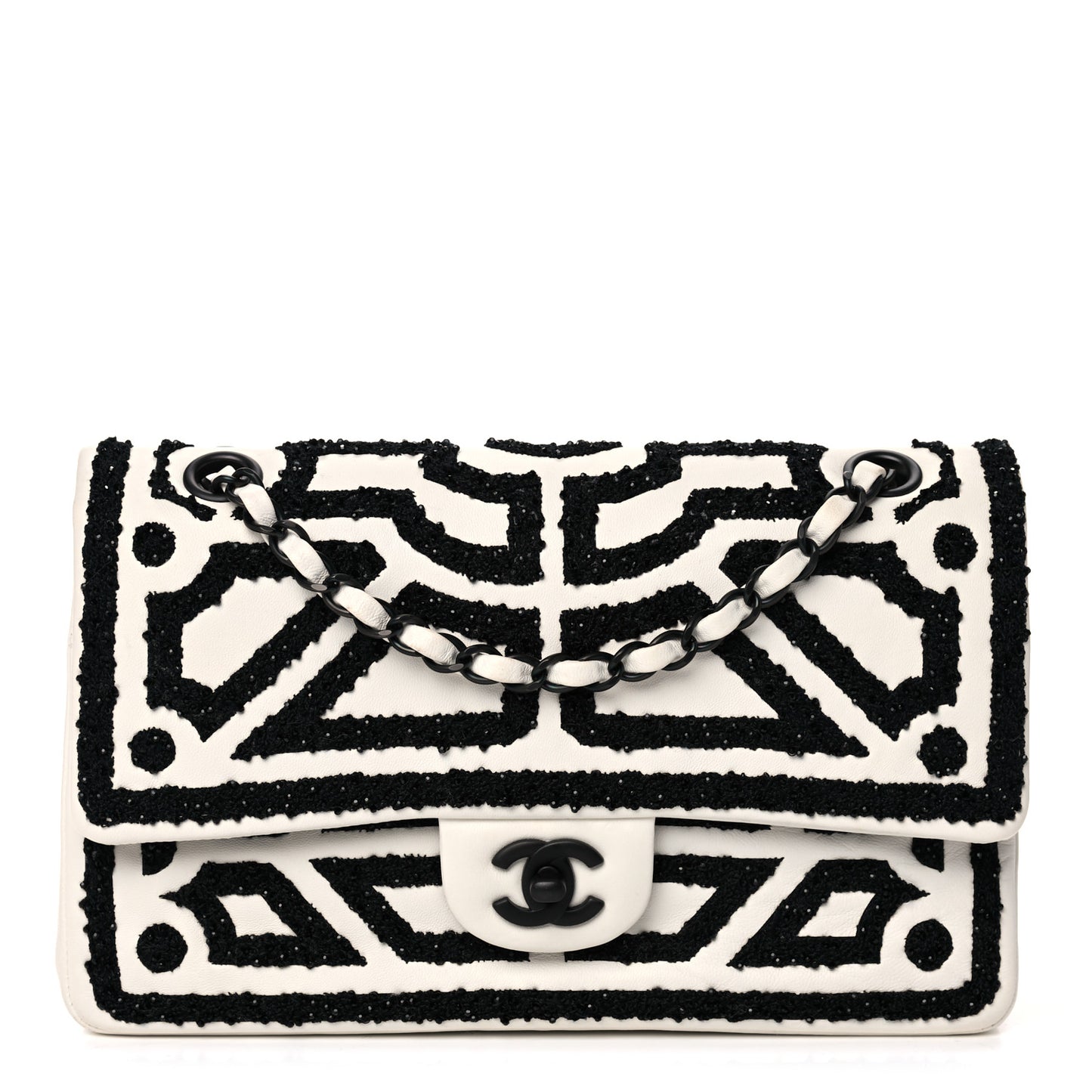 Lambskin Crystal Embroidered Medium Garden Of Versailles Double Flap Black White