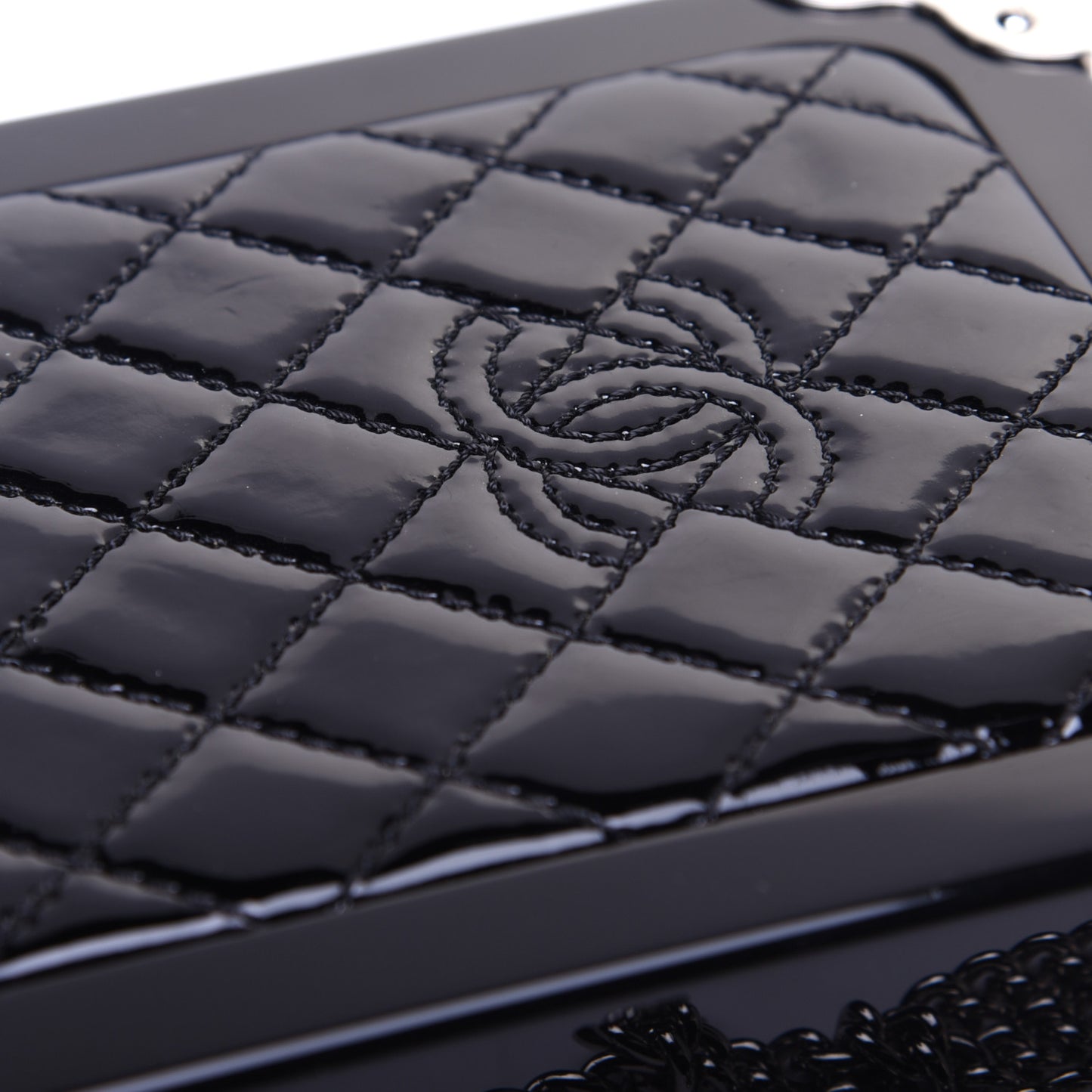 Plexiglass Patent Quilted Minaudiere Clutch Black