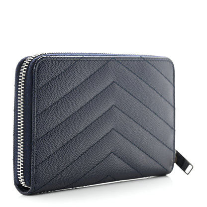 Saint Laurent Grain De Poudre Matelasse Chevron Monogram Small Zip Around Wallet Deep Marine 3 of 7