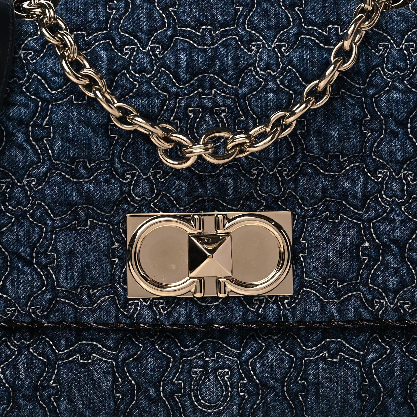Denim Quilted Gancini Small Flap Bag Blue