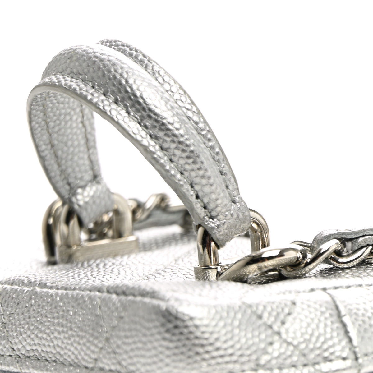 Metallic Caviar Quilted Mini Top Handle Vanity With Chain Silver
