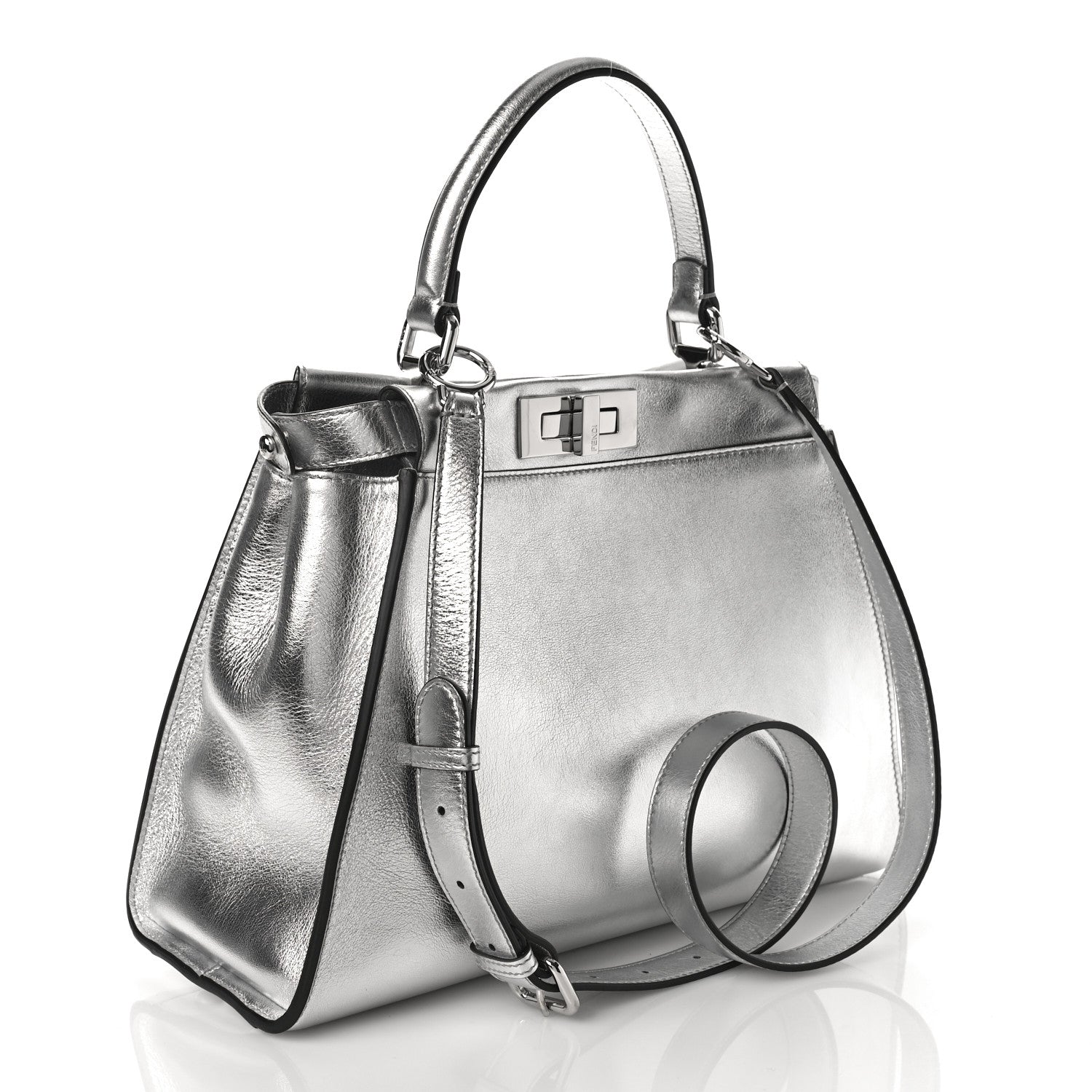 Fendi Vitello Catalan Mirror Medium Peekaboo Iconic Satchel Argento 3 of 8