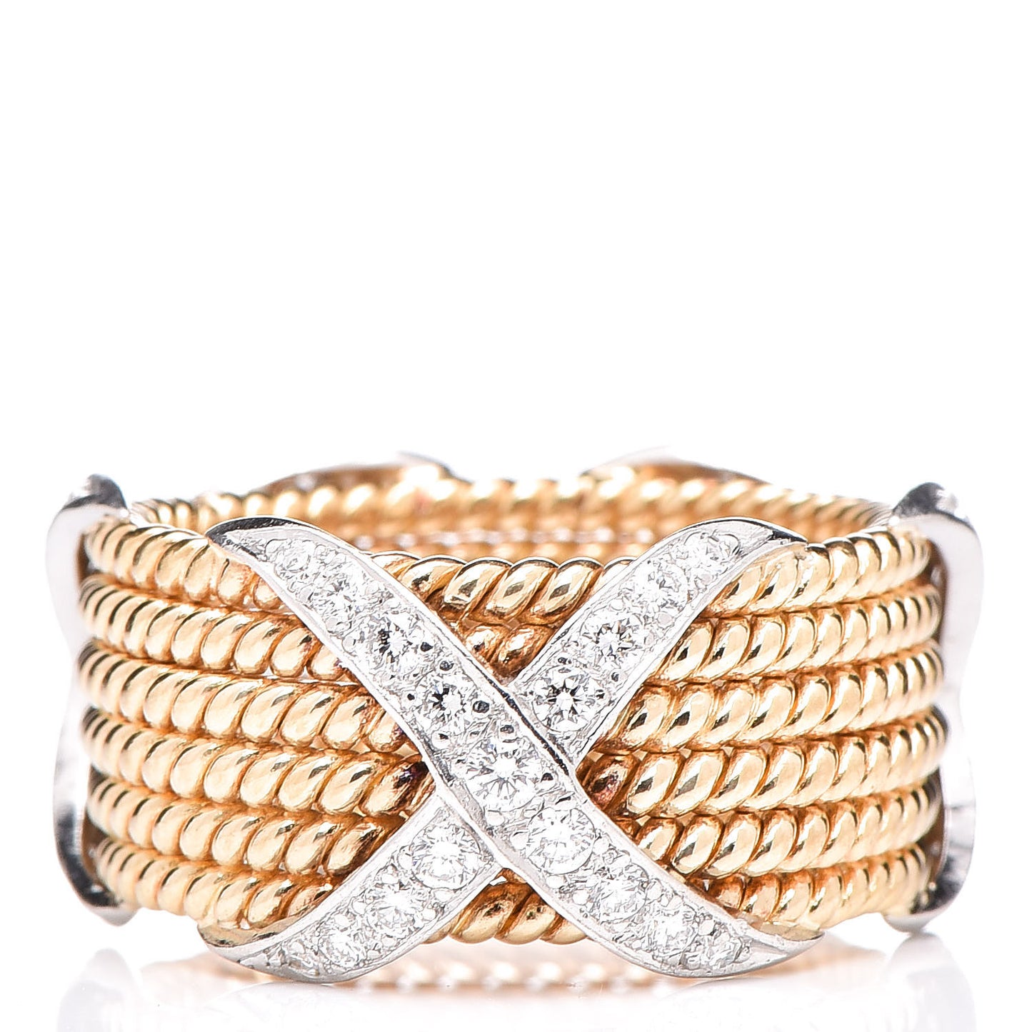 18K Yellow White Gold Diamond Schlumberger Six Rope X Ring 56 7.5