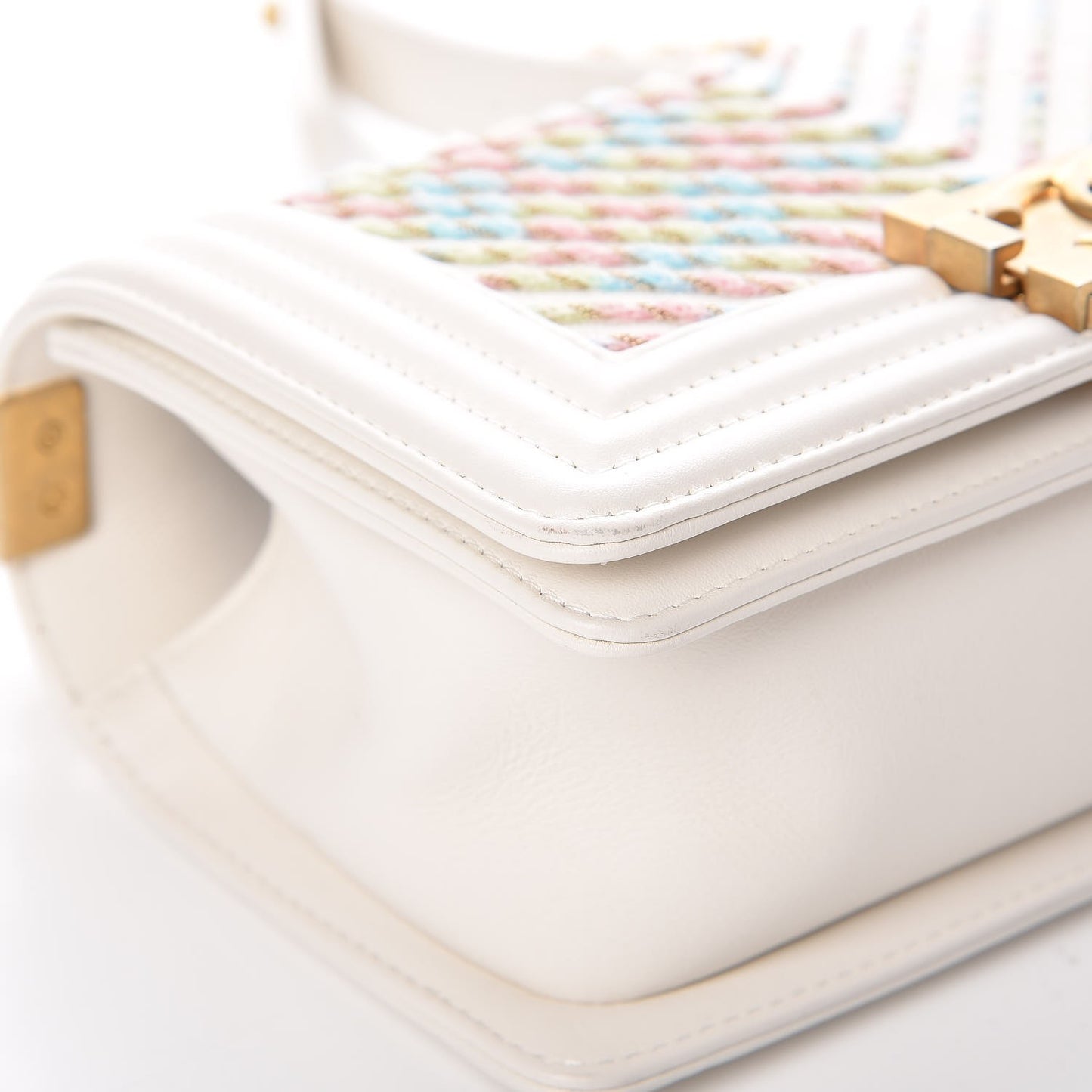 Calfskin Embroidered Small Boy Flap Ivory