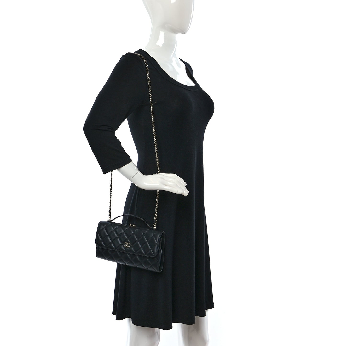 Shiny Calfskin Quilted Flap Phone Holder With Chain Black