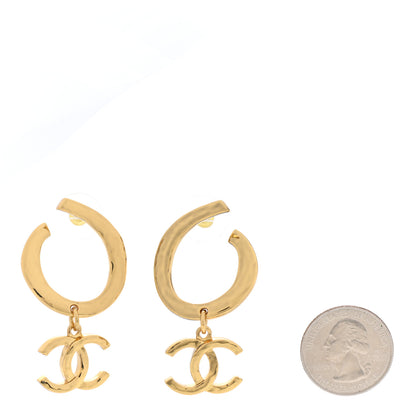 Chanel Metal Textured Hoop Drop CC Earrings Gold 2 of 5