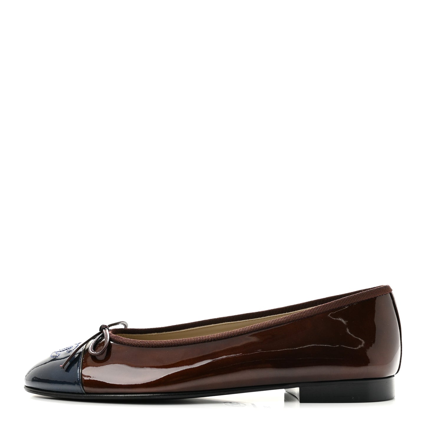 Patent Calfskin CC Cap Toe Ballerina Flats 38 Brown Blue