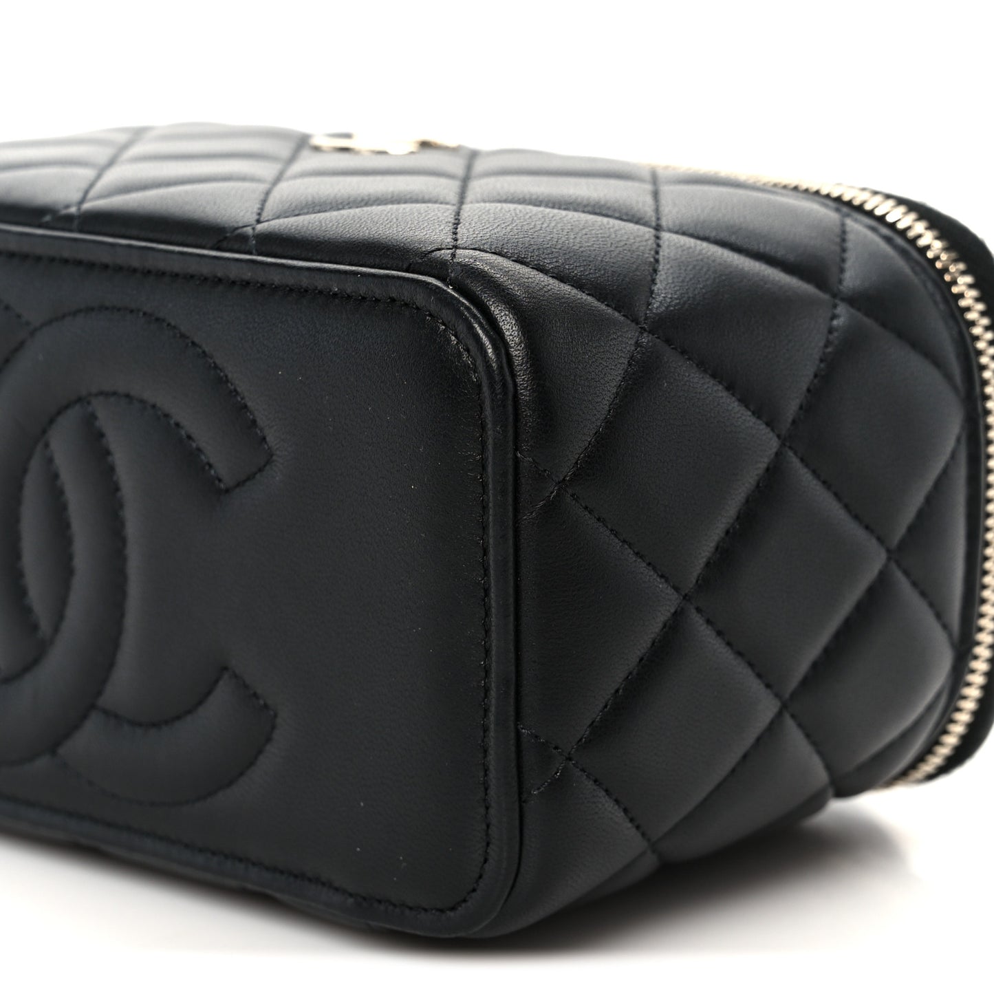 Lambskin Quilted Small Top Handle Vanity Case With Chain Black
