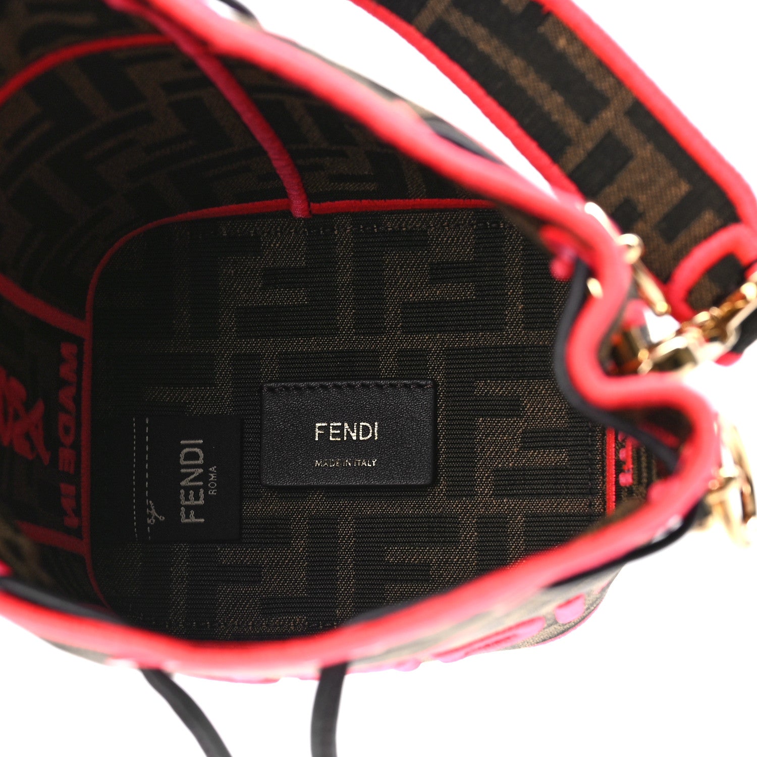 Fendi Fabric Jacquard Shiny Nappa FF 1974 Logo Threaded Edge Mini Mon Tresor Bucket Bag Tobacco Moro Fuxia Fluo 5 of 9