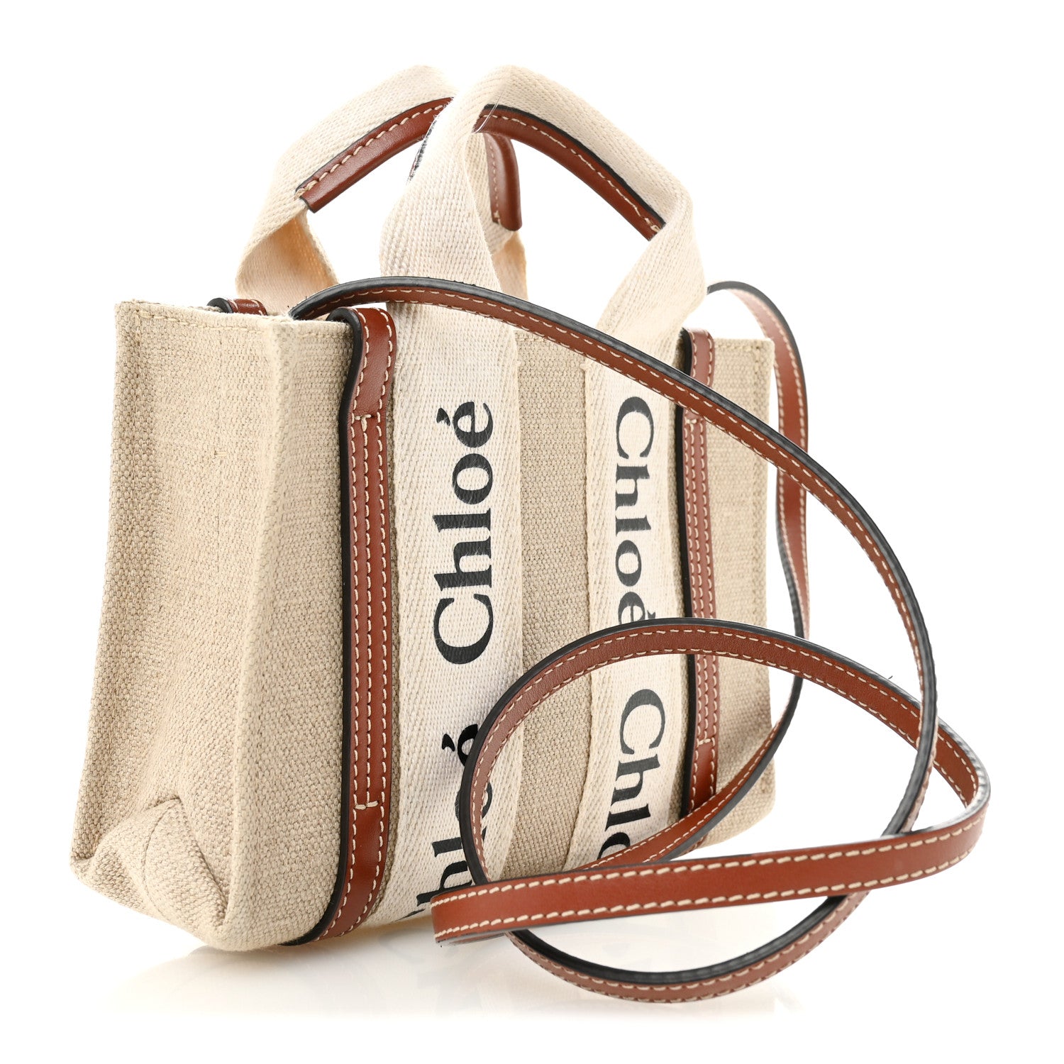 Chloe Linen Calfskin Mini Woody Ribbon Tote White Brown 3 of 13