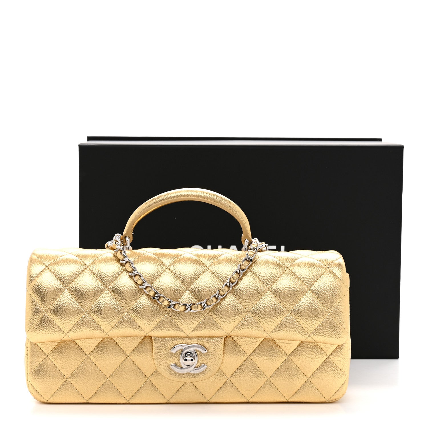 CHANEL MAKEUP ハンドルゴールドプレート　キルティング　バッグ Chanel Metallic Caviar Quilted Top Handle East West Flap Gold