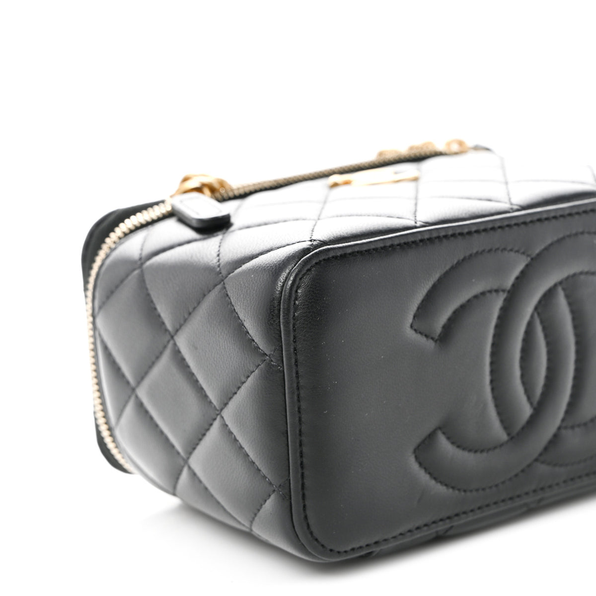 Chanel Lambskin Quilted Sweet Camellia Small Vanity Case With Chain Black 9 of 10