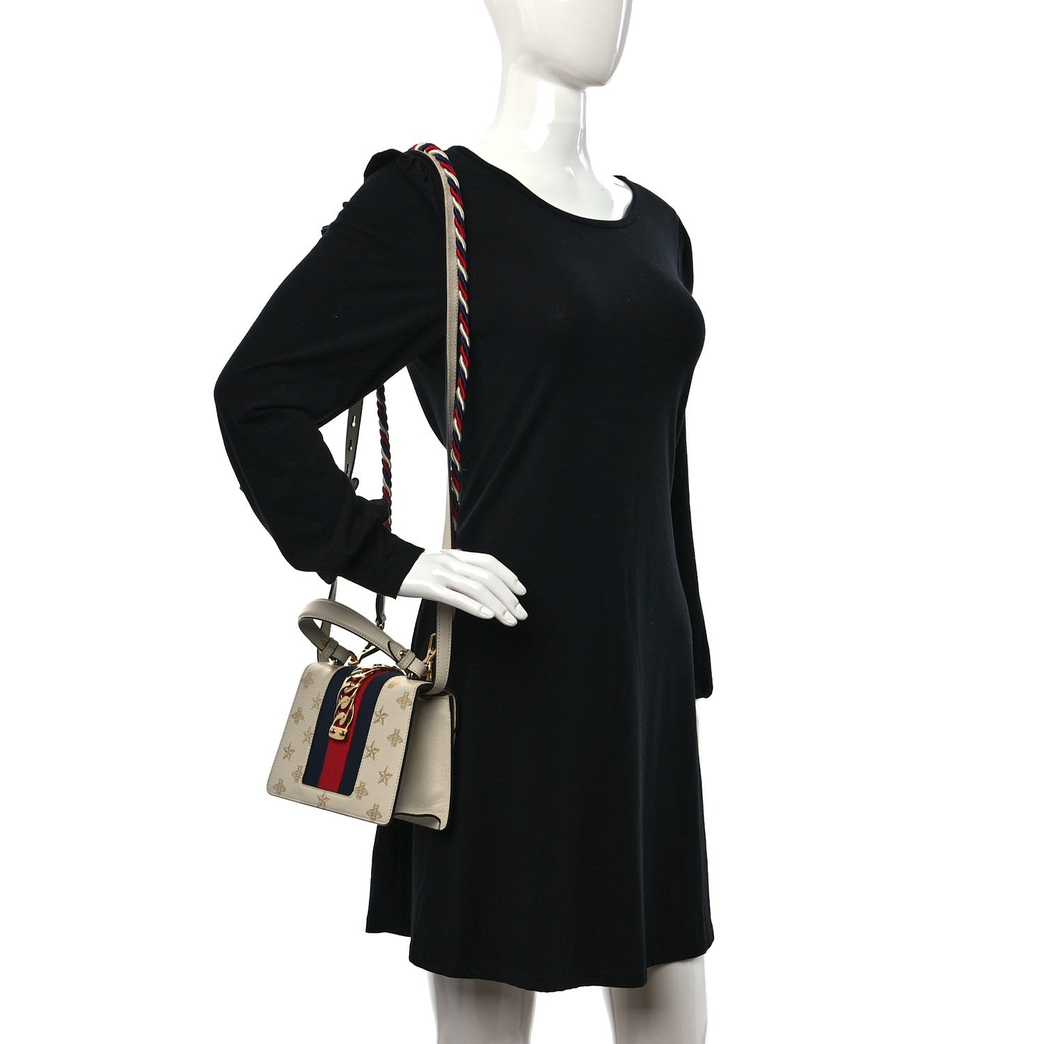 Gucci Textured Calfskin Bee Star Print Mini Sylvie Top Handle Bag Mystic White 2 of 10