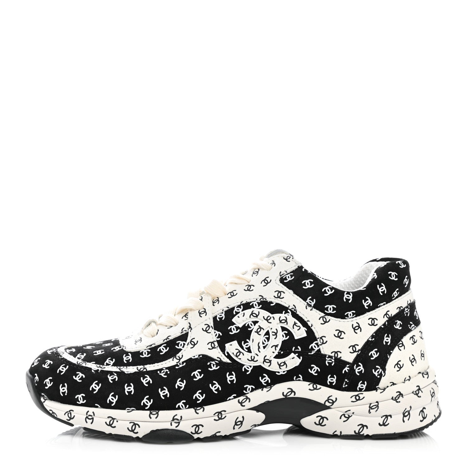 Chanel Nylon Suede Calfskin Printed CC Sneakers 39 White Black 1 of 8