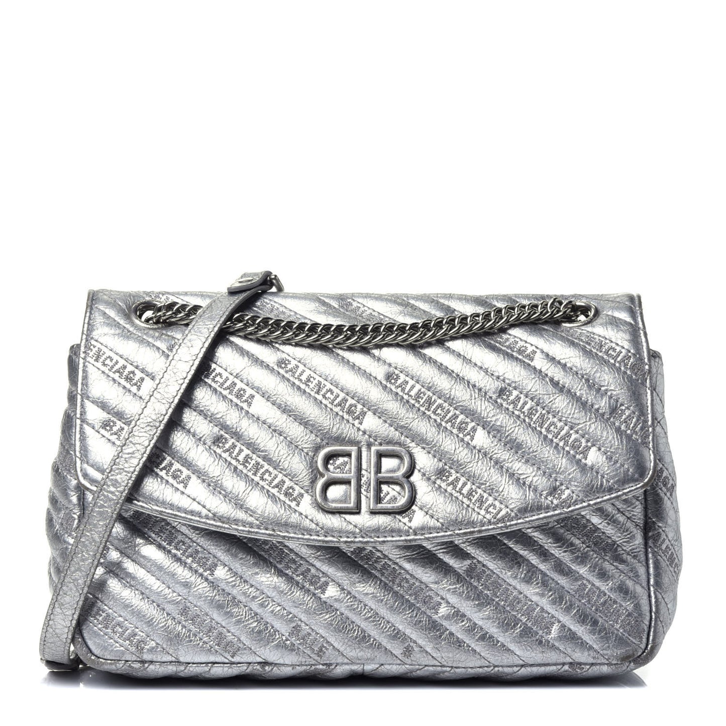 Metallic Arena Calfskin Logo Matelasse M BB Round Shoulder Bag Argent