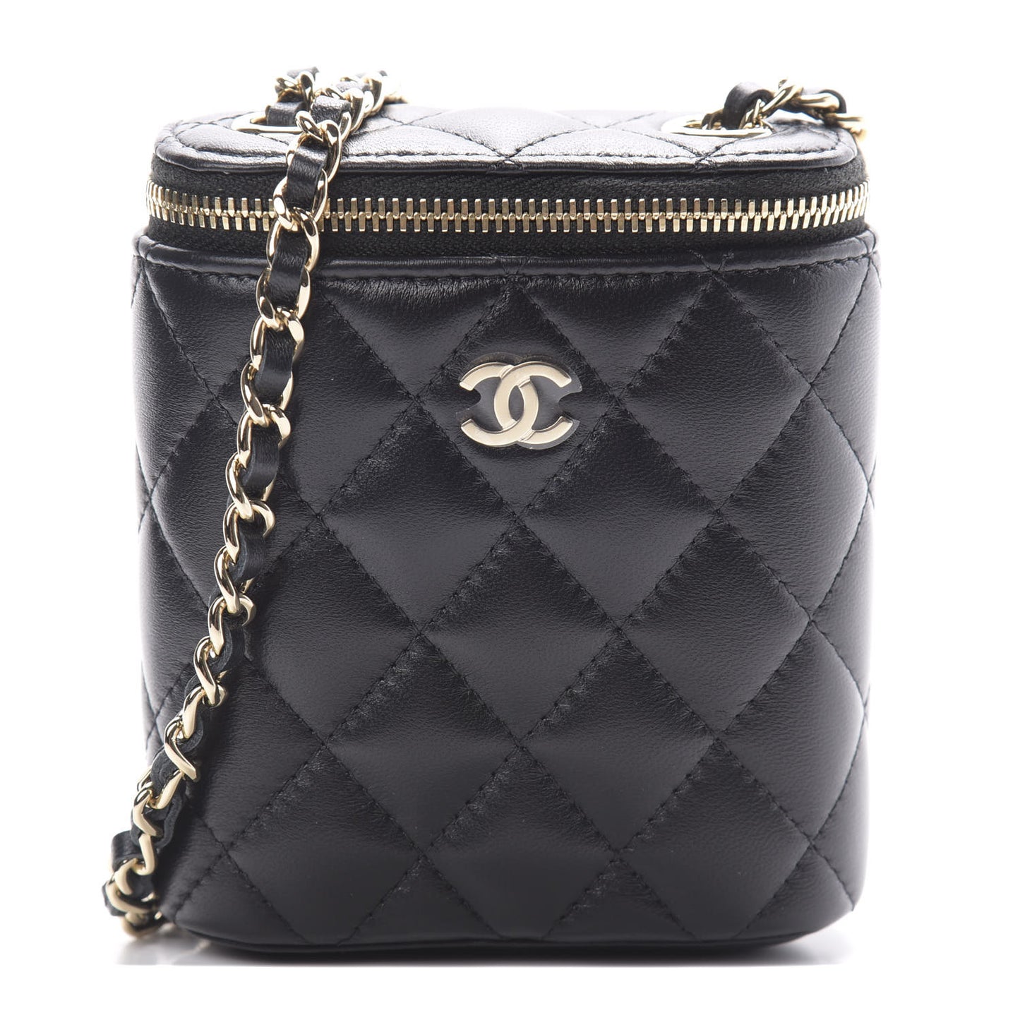 Lambskin Quilted Small Vertical Coco Beauty Vanity Case With Chain Black