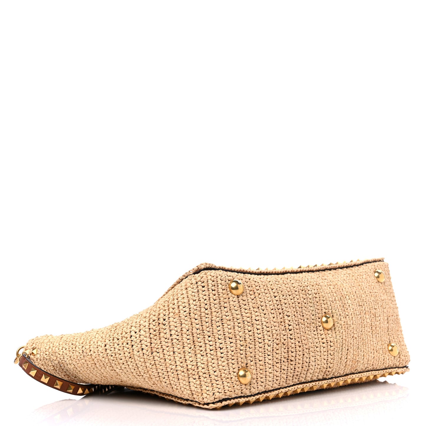 Raffia Calfskin Rockstud Tote Naturale Saddle Brown