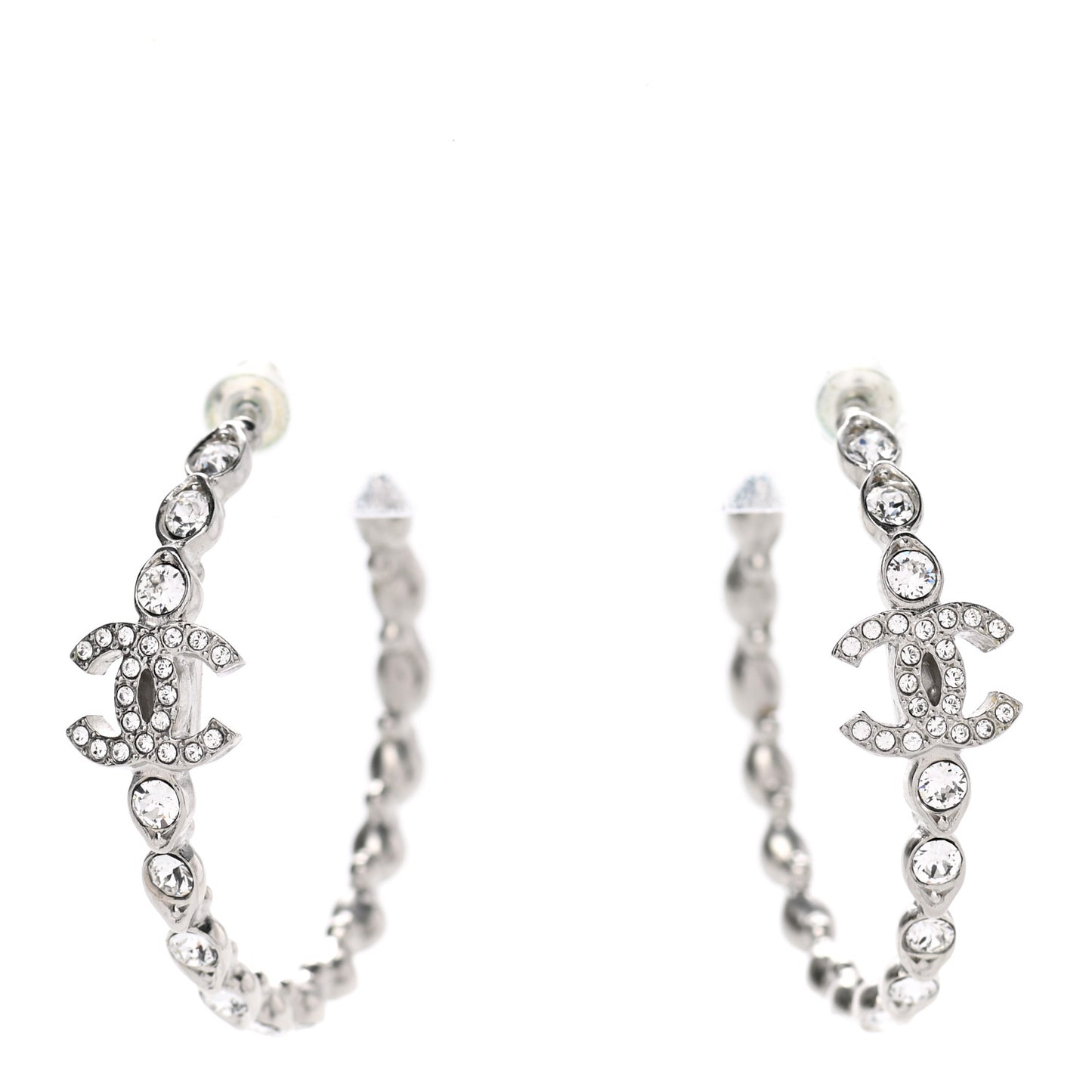 Metal Crystal CC Hoop Earrings Silver