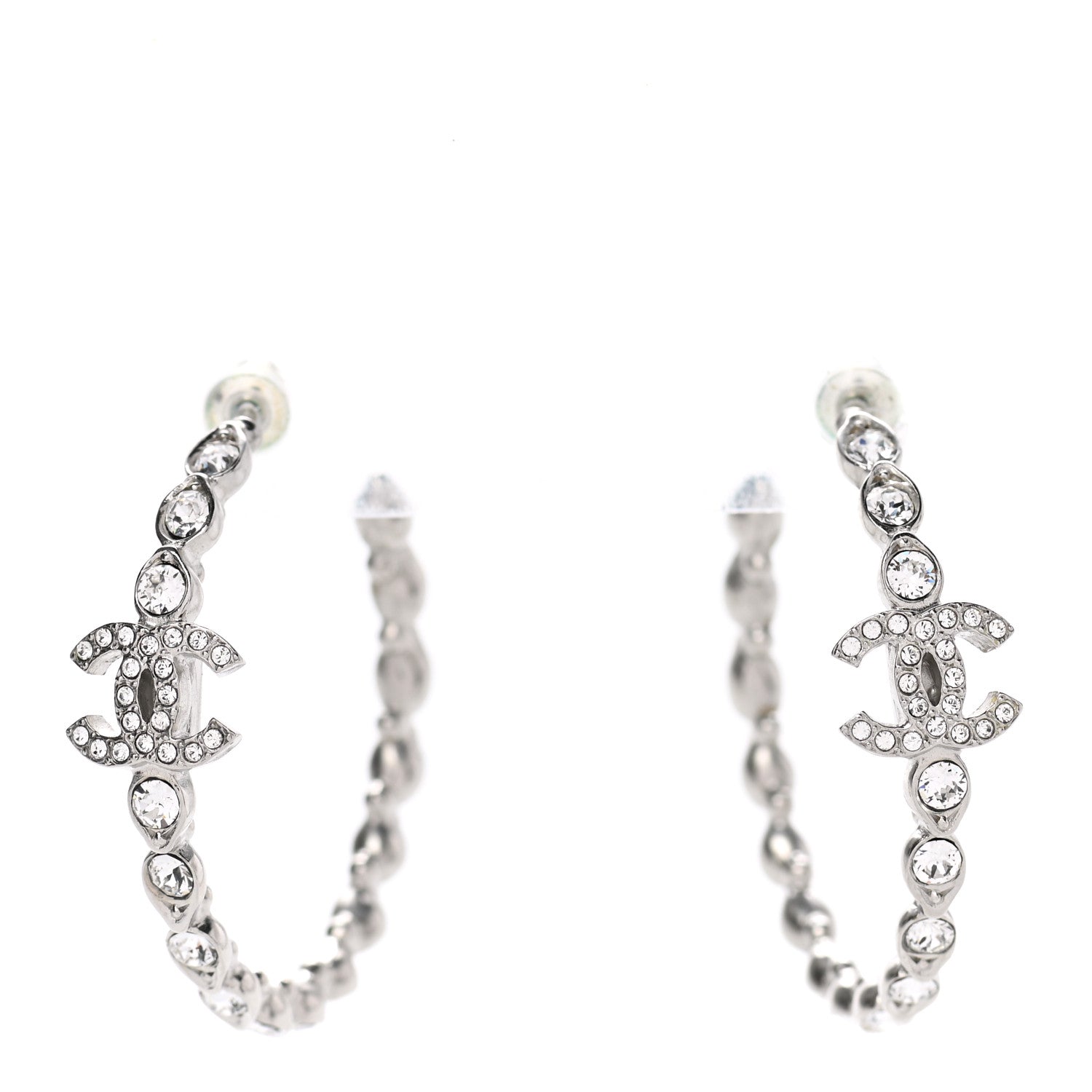 Chanel Metal Crystal CC Hoop Earrings Silver 1 of 4