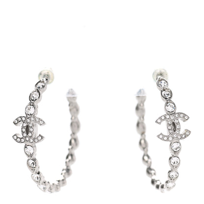 Chanel Metal Crystal CC Hoop Earrings Silver 1 of 4