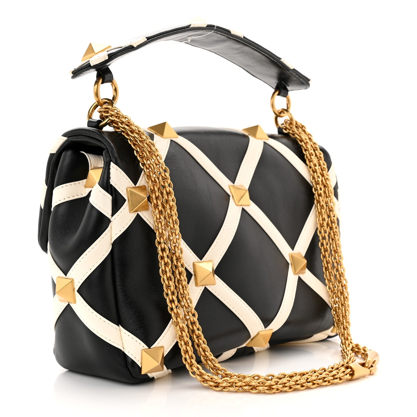 Nappa Large Roman Stud Shoulder Bag Black White