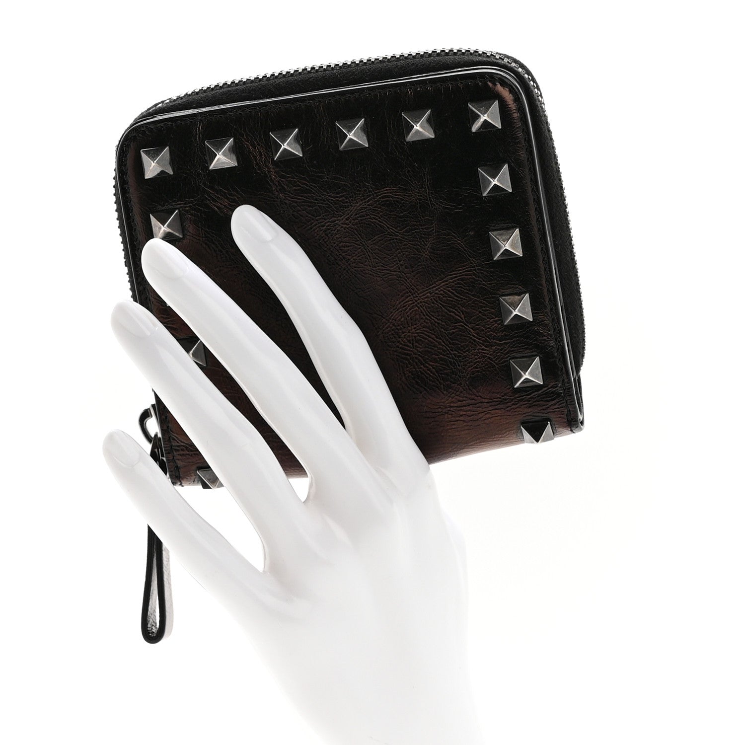Valentino Garavani Metallic Wrinkled Calfskin Rockstud Compact Zip Around Wallet Bronze 2 of 9