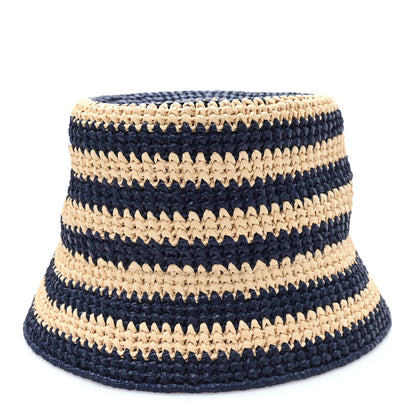 Prada Raffia Striped Logo Embroidered Womens Bucket Hat M Naturale Baltico 4 of 8