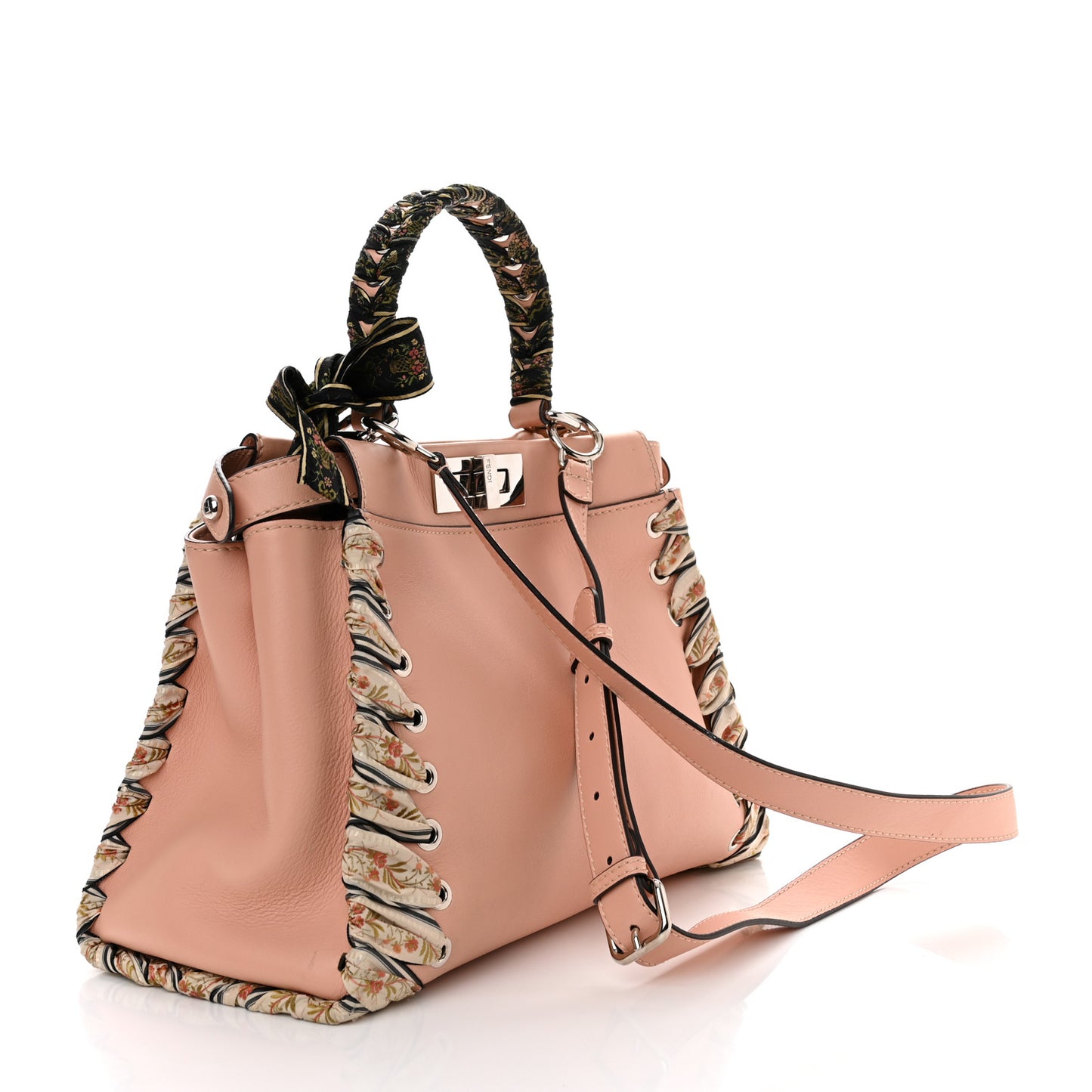 Vitello Seta Shiny Nappa Ribbon Lace Up Floral Medium Peekaboo Iconic Satchel Baby Pink Multicolor