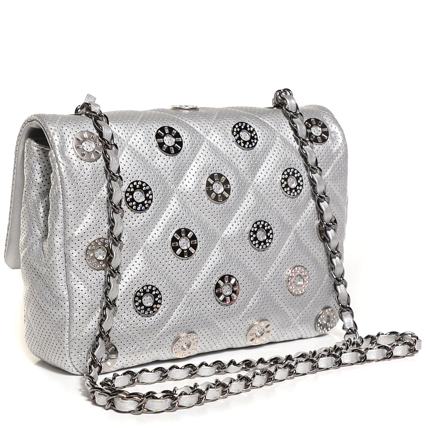Perforated Metallic Lambskin Small CC Medals Flap Silver