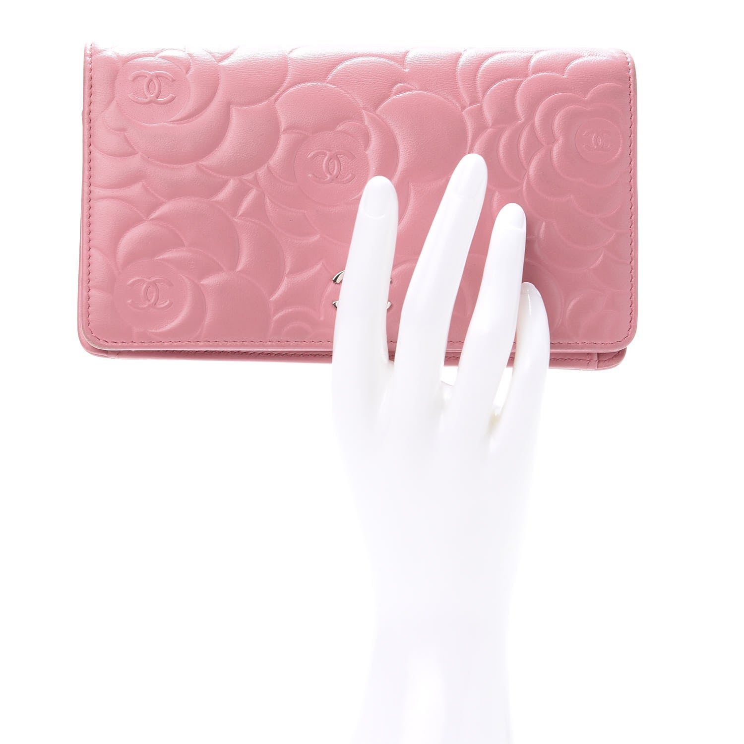 Chanel Lambskin Camellia Embossed Yen Wallet Pink 2 of 10