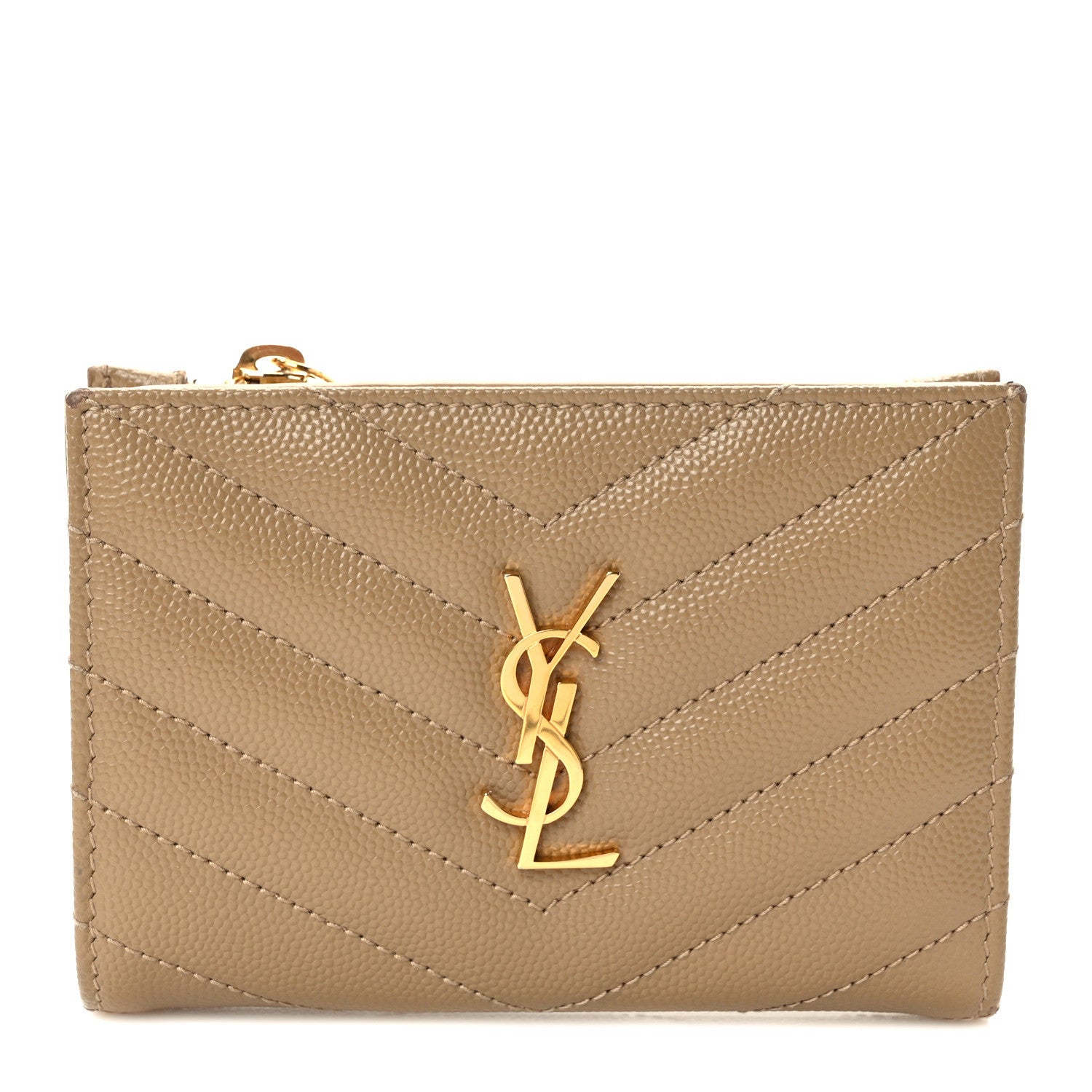 Saint Laurent Grain De Poudre Matelasse Chevron Cassandre Fragments Zipperred Bi-Fold Wallet Dark Beige 1 of 7