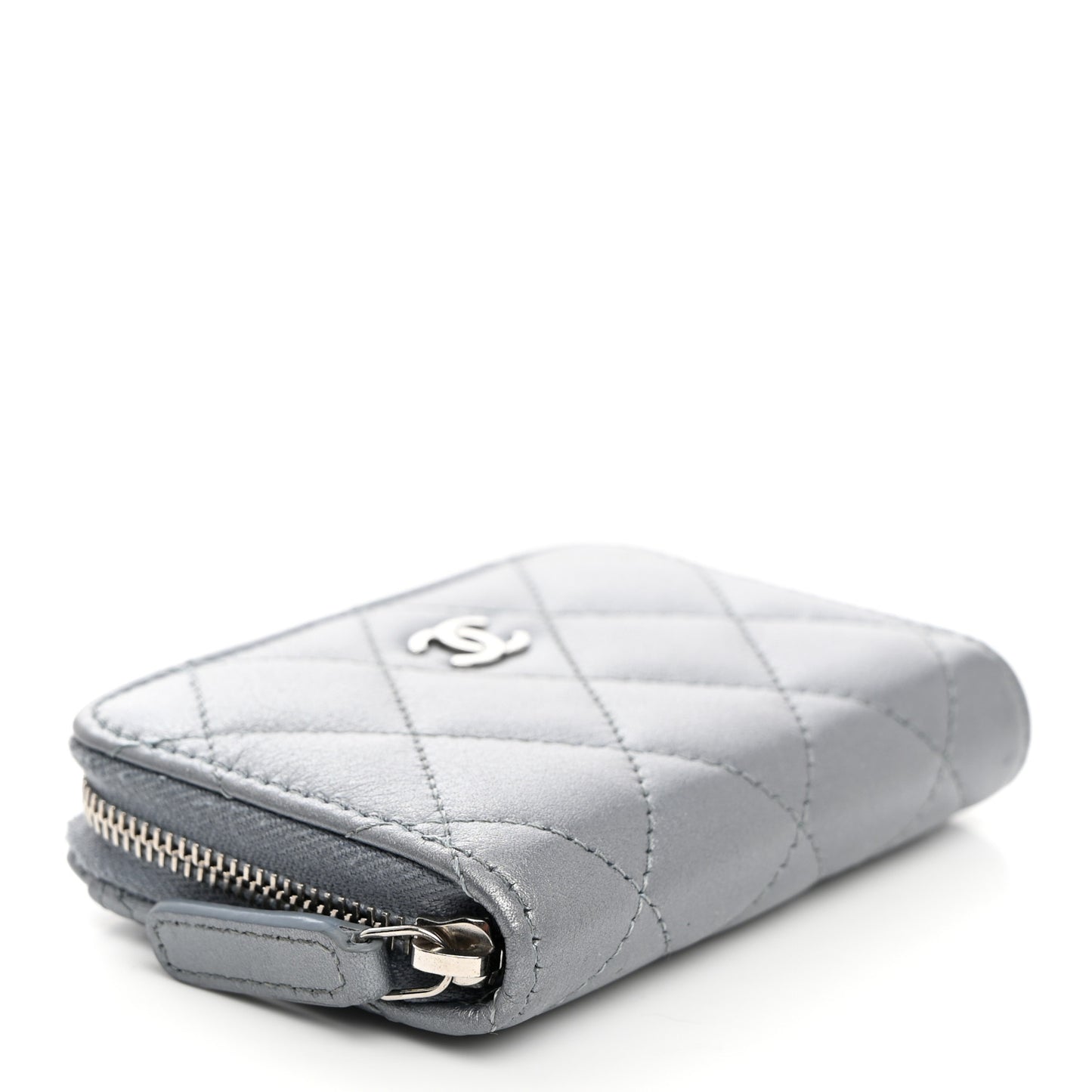 Iridescent Calfskin Quilted Zip Coin Purse Wallet Light Blue