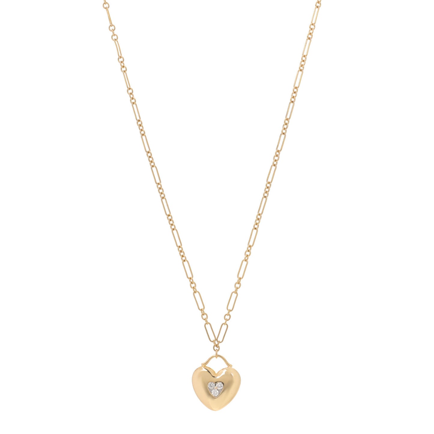 18K Yellow Gold Diamond Heart Pendant Link Chain Necklace
