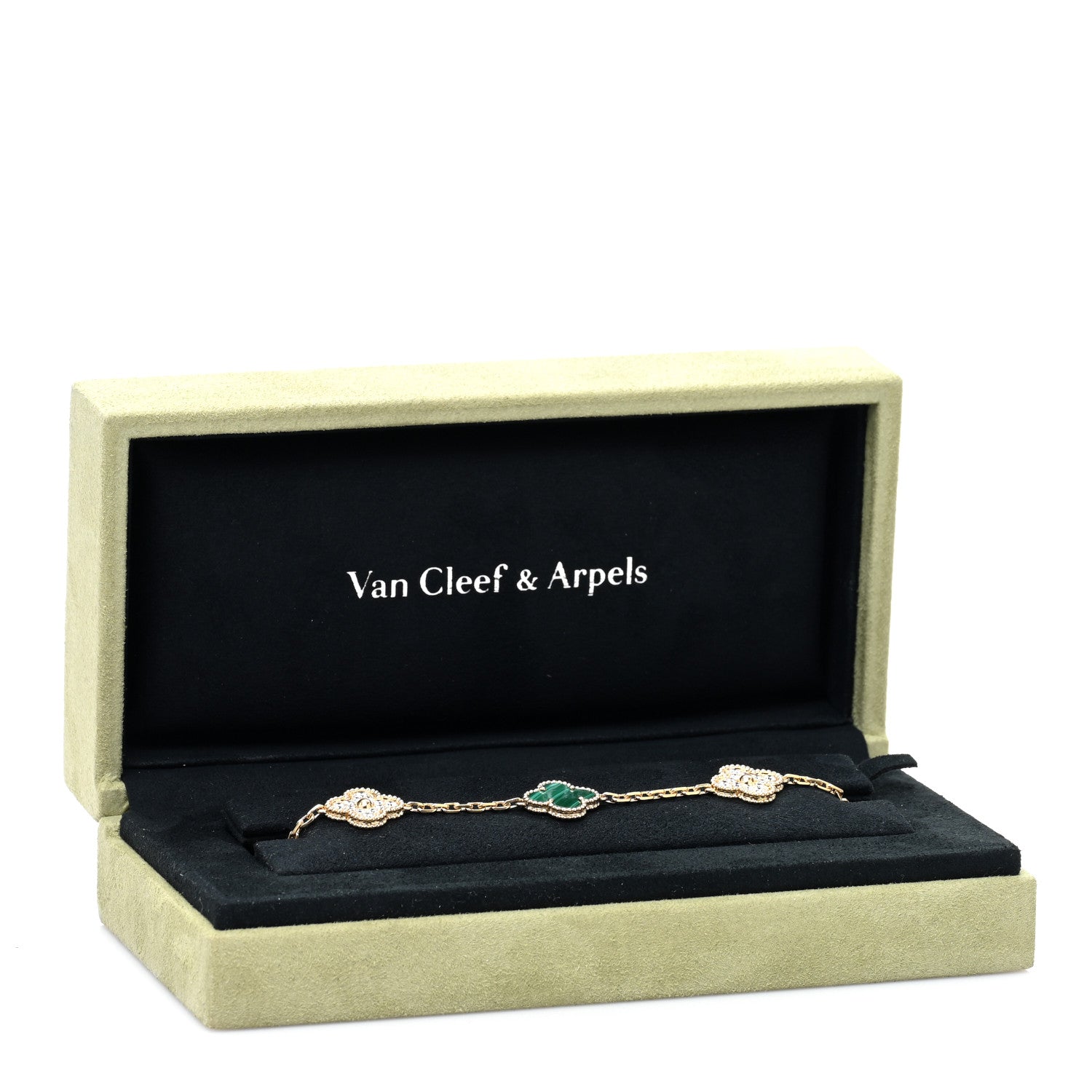 Van Cleef & Arpels 18K Yellow Gold Diamond Malachite 5 Motifs Vintage Alhambra Bracelet 4 of 4