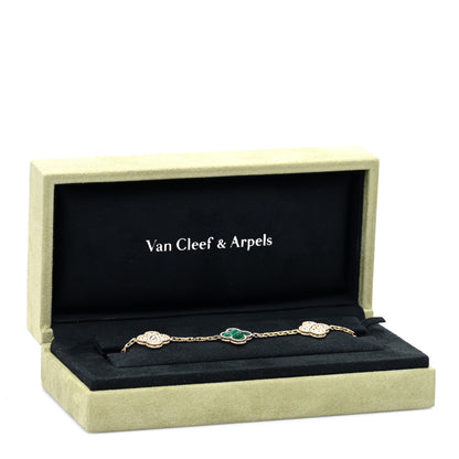 Van Cleef & Arpels 18K Yellow Gold Diamond Malachite 5 Motifs Vintage Alhambra Bracelet 4 of 4