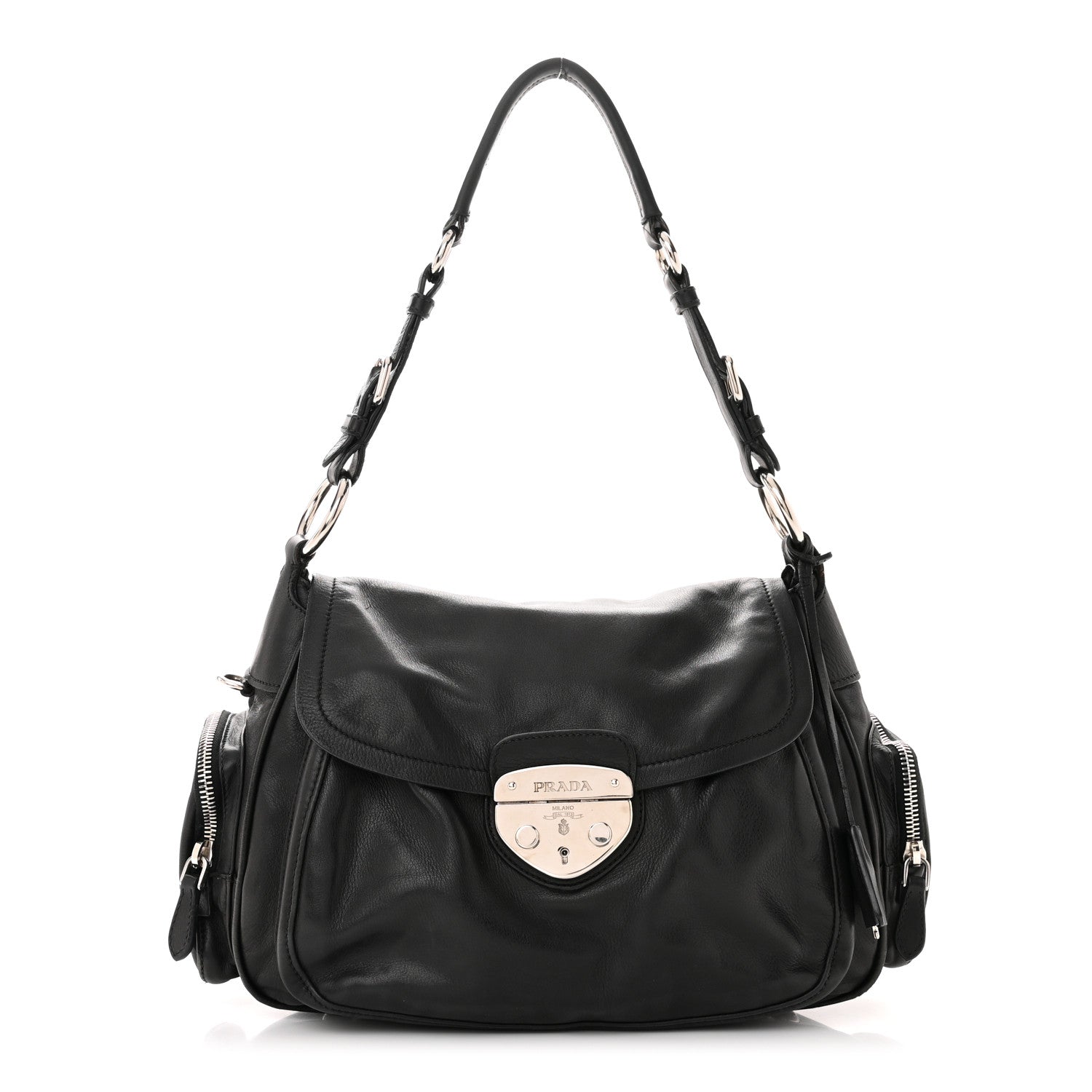Prada Cervo Antik Easy A Foldover Pushlock Flap Shoulder Bag Black 1 of 12