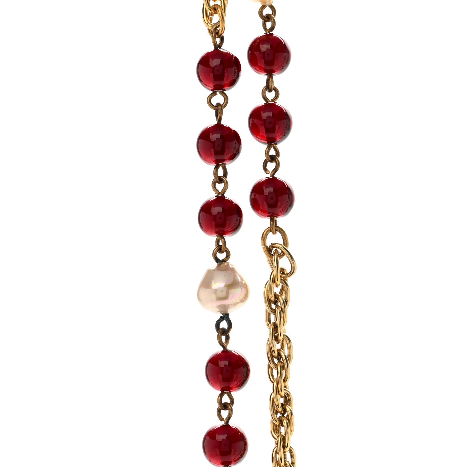 Chanel Beaded Pearl CC Long Strand Necklace Gold Red 4 of 6